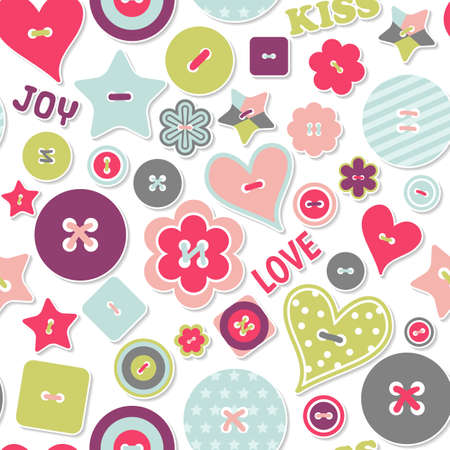 Seamless pattern happy Valentine s day. Holiday background with colorful buttons and words Love, Kiss, Joy. Background for February 14, mother day, birthday. Texture for wrapping paper, greeting cardのイラスト素材