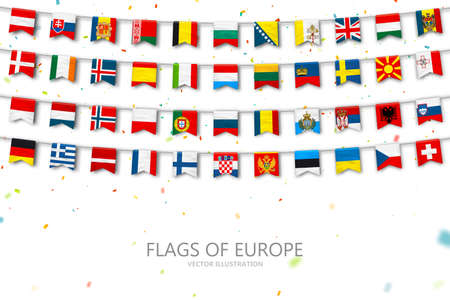 Colorful flags of different countries of the europe and world with confetti. Festive garlands of the international pennant. Bunting flags. Vector banner for celebration party, conference, congressのイラスト素材