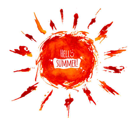 Hand drawn painted watercolor red sun with splashes, drops. Holiday background with lettering Hello summer. Bright vector illustration for summer time postcards, posters.のイラスト素材