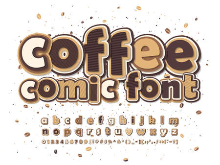 Coffee brown and beige comic font. Multilevel cartoon alphabet, typeface in style of pop art. Multilayer funny letters, figures.のイラスト素材