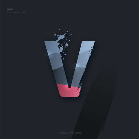 Beautiful pink grey Letter of font. Creative Letter V with brush strokes, drops, splashes and spray. Liquid character of English alphabet on dark background. Vector modern design element for your artのイラスト素材