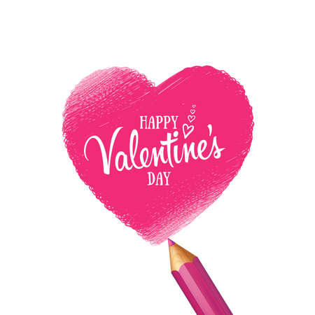 Greeting Card happy Valentines day love. Holiday background on February 14 with pink doodle heart and lettering. Romantic banner painted with pencilのイラスト素材