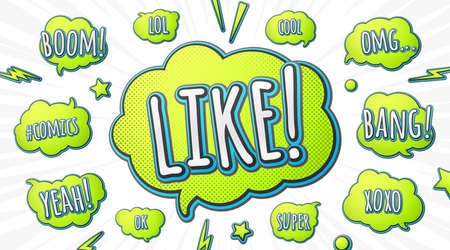 Cartoon speech bubbles and quotes in comics book and pop art style. Set of stickers and banners with halftone effect for blog and web. Vector illustration.のイラスト素材