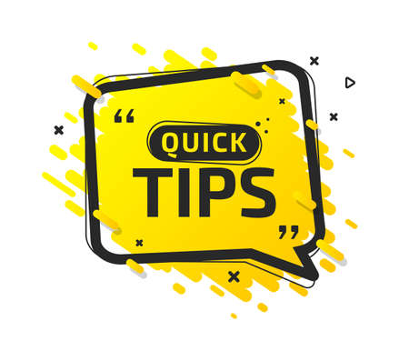Quick tips, helpful tricks, tooltip, hint for website. Colorful banner with useful information, online support. Vector icon of solution, idea, advice. Yellow speech balloon in black frame and captionのイラスト素材