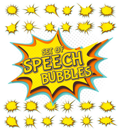Collection of multicolored templates speech bubbles. Colored vector stickers in style of comics, pop art. Badges can be used for decoration of kids illustrations, comics, bannersのイラスト素材