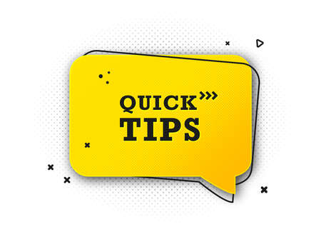 Speech bubble with quick tip. Helpful tricks with useful information for website or blog post. Black - yellow banner with text and quote. Vector icon of solution, advice. Vector illustrationのイラスト素材