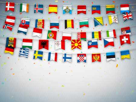 Colorful flags of different countries of the europe and world with confetti. Festive garlands of the international pennant. Bunting flags. Vector banner for celebration party, conference, congressのイラスト素材