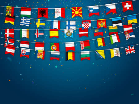 Colorful flags of different countries of the europe and world with confetti. Festive garlands of the international pennant. Bunting flags. Vector banner for celebration party, conference, congressのイラスト素材