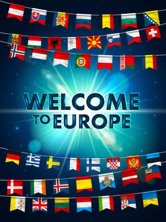 Colorful flags of different countries of the europe and world with confetti. Festive garlands of the international pennant. Bunting flags. Vector banner for celebration party, conference, congressのイラスト素材