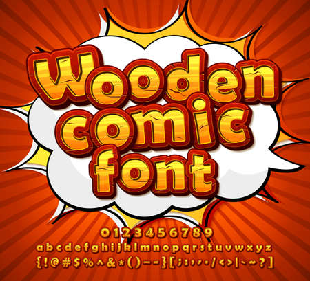 Colorful wooden font on comic book page. Alphabet in style of comics, pop art. Cartoon multilayer letters and figures for decoration of kids illustrations, game design, ui development, comics, bannerのイラスト素材