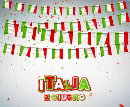 Colorful flags of Italy with confetti. Festive garlands of pennant, bunting flags. Italian Republic Holiday. Vector background for national celebration party, independence day, travel bannerのイラスト素材