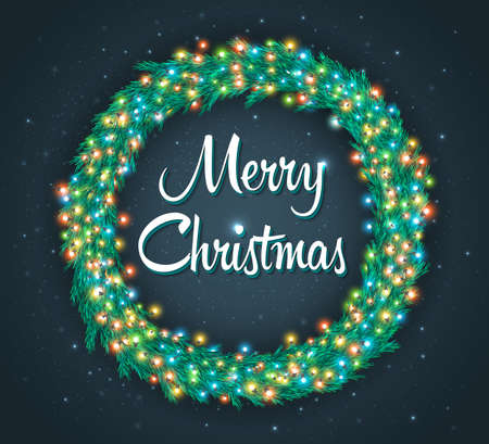 Christmas wreath with colourful glowing garland. Fairy lights for festive decoration, realistic luminous bulbs, light effects. Christmas greeting cards, poster, flyerのイラスト素材
