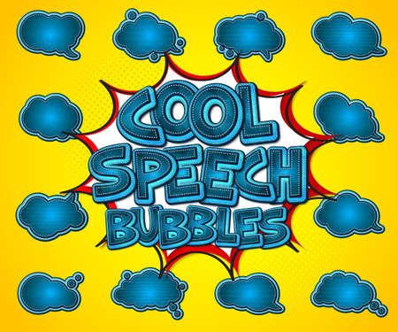 Collection of multicolored templates speech bubbles. Colored vector stickers in style of comics, pop art. Badges can be used for decoration of kids illustrations, comics, bannersのイラスト素材