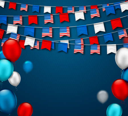 Garlands of flags of USA. Patriotic symbolic decoration for holiday in America with confetti and colorful balloons on blue background. Vector banner for Independence Day, Veterans or labor dayのイラスト素材