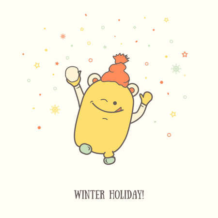 Cute greeting card merry Christmas. Funny cartoon personage, hand drawn character. Minimalistic postcard Xmas and winter holidaysのイラスト素材