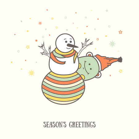 Cute greeting card merry Christmas. Funny cartoon personage, hand drawn character. Minimalistic postcard Xmas and winter holidaysのイラスト素材