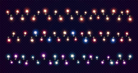 Christmas lights. Xmas glowing garlands of LED light bulbs. Set of holiday decorations of realistic colorful lamps for new year greeting card or posterのイラスト素材