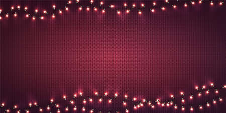 Christmas lights. Xmas glowing garlands of LED light bulbs on purple knitted texture. Holiday background with decorations of realistic colorful lamps for new year greeting card or poster.のイラスト素材