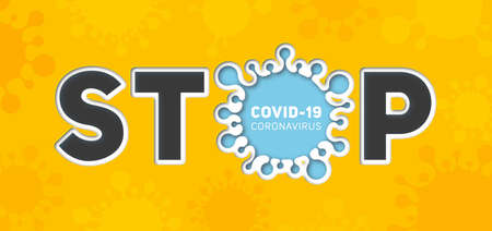 Information banner about coronavirus disease 2019-nCoV. Stop the infectious disease COVID-19. Paper art of silhouette of virus and text. Global epidemic threatens peoples healthのイラスト素材