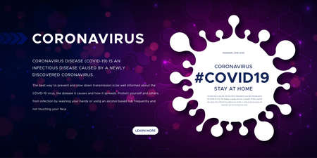 Coronavirus disease 2019-nCoV, information banner about the infectious disease. Global pandemic threatens peoples health. Vector blue poster of silhouette of virus, text and hashtag covid19.のイラスト素材