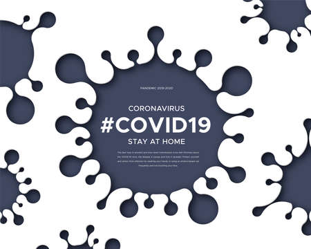 Information banner about outbreak of Coronavirus disease (2019-nCoV), infectious disease. Paper art concept of silhouette of virus, text and hashtag covid19. Global epidemic threatens people's health.のイラスト素材