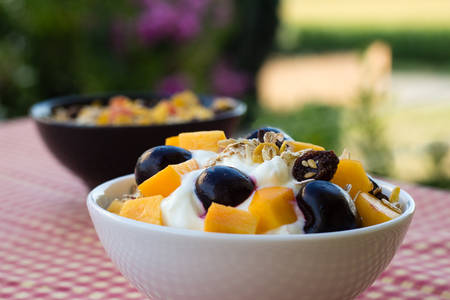 Bowl of oatmeal with yogurt, fresh peaches, blueberries and cherries on the field table for a healthy breakfast. Point of view Healthy food concept.の写真素材