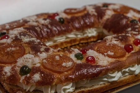 Christmas sweets typical of Spain: `Roscon de Reyes`. Christmas concept.の写真素材