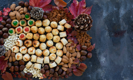 Panellets sweet dessert made at home for All Saints, A Typical Pastry Of Catalonia, Spain, In All Saints Holidayの写真素材