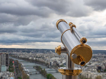 One of the viewfinders installed at the top of the Eiffel Tower from where you can see stunning views of the French capital.の写真素材