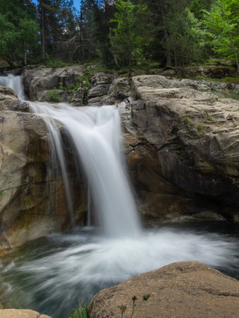 Waterfall with silk effect in Aiguestortes National Park, Catalan Pyrenees, Spainの写真素材