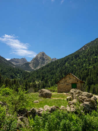 Refuge in Aiguestortes and Estany Sant Maurici National Park, in the Catalan Pyrenees, Spainの写真素材