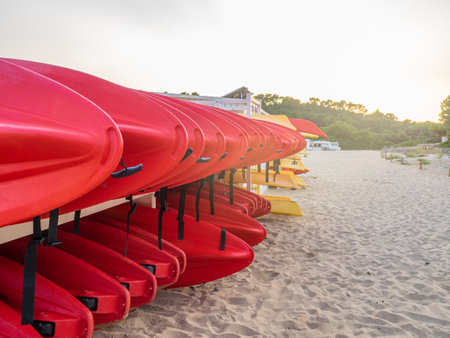 Surfboards for rent at the surf club. Many different surfboards on the beach, water sport, happy active summer vacations in Catalonia, Spain.の写真素材