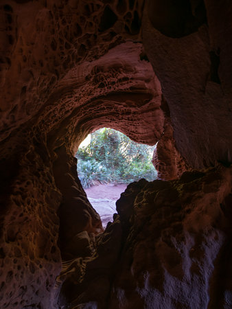 deep red stone cave scenery, Montroig del Camp, Spain. Nature concept.の写真素材