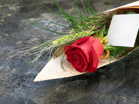 Red rose with an ear of wheat and a gift card, for Valentine's Day or St. George's Day, traditional in Catalonia. copy spaceの写真素材