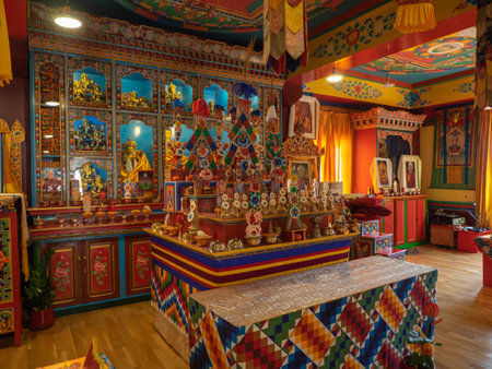 Panillo, Spain. February 27, 2022. Buddhist temple altar with offerings, symbols, Buddhas.のeditorial素材
