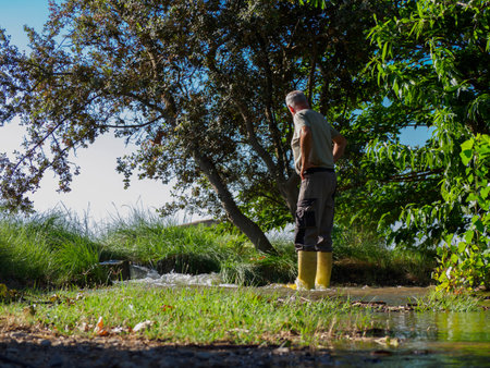Older man in boots irrigating a field of fruit trees by channeling water, flooding the field.の写真素材