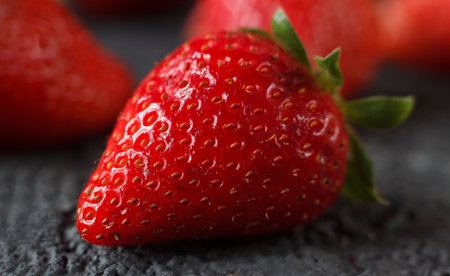 Strawberry isolated on black background. A strawberry on a rustic table. Shallow depth of field.の写真素材