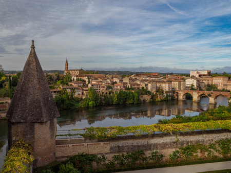 Old town of Albi, panoramic view from the Sainte-CÃ©cile cathedral and the Pont Vieux bridge over the Tarn river, France.の写真素材