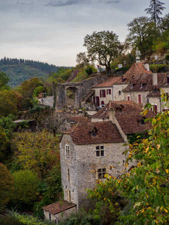 Landscape view of medieval village Saint Cirque La Popie in Franceの写真素材