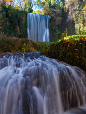 Beautiful waterfall of the Monasterio de Piedra Natural Park, Zaragoza (Spain). Long exposure image.の写真素材