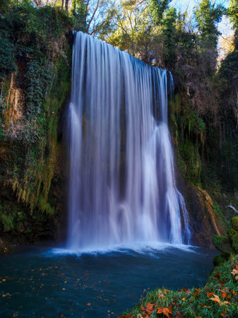 Beautiful waterfall of the Monasterio de Piedra Natural Park, Zaragoza (Spain). Long exposure image.の写真素材