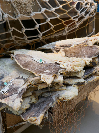 close-up of a batch of salted cod ready for sale at the BolhÃ£o market, Porto.