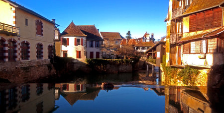View from a bridge of Salise de Bearn, a small town in the south of France with a saltwater spa.の写真素材