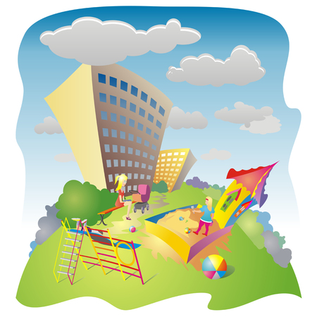 Colored drawing of the playground residential neighborhood on a sunny summer dayのイラスト素材
