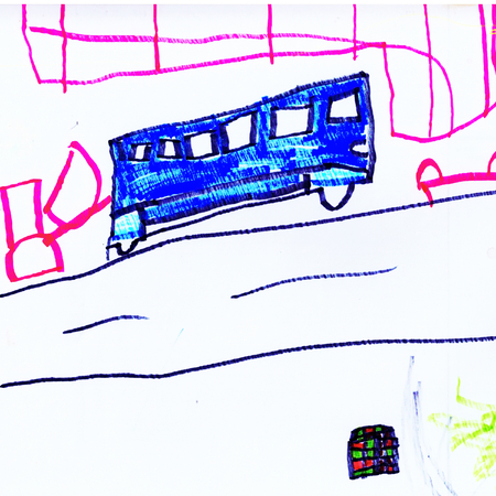 Children's abstract picturesque graphic colored bus drawingの写真素材