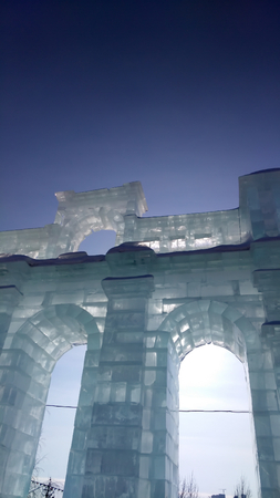 Icy Sculpture Building a sunny winter dayの写真素材