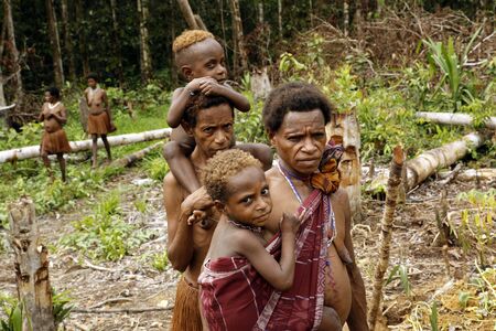 Women and Children of the Nomadic Forest Tribe Korowai. West Papua, Indonesiaのeditorial素材