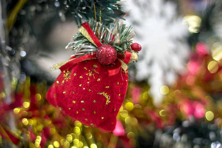 Christmas composition. Gifts, fir tree branches,  top view, copy space