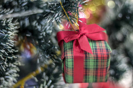 Christmas composition. Gifts, fir tree branches,  top view, copy spaceの写真素材