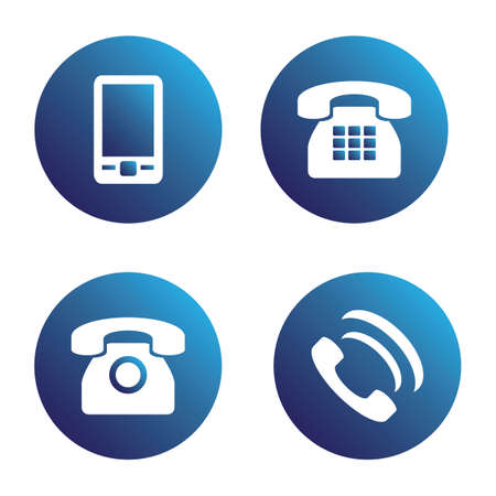 Vector icon set: simple blue phone icons - mobile phone, handset, two types of traditional phoneのイラスト素材